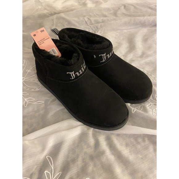 Juicy Couture Black Faux Fur Lining Suede Embroidered Jewels Ankle Booties/Kerri - Picture 6 of 6